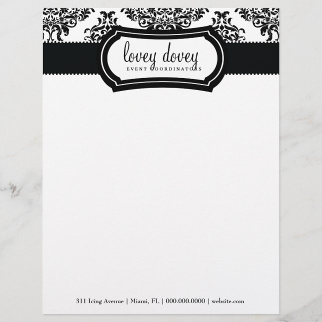 311 Lovey Dovey Damask Black White Customised Letterhead (Front)