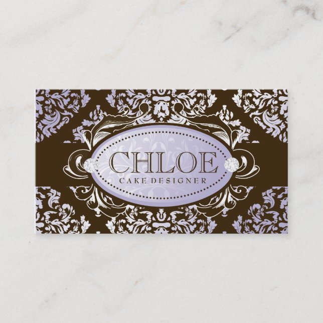 311 Luxuriously Lilac N Brown Damask Monogram Business Card (Front)