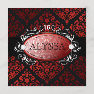 311 Luxuriously Red Liquorice Damask Sweet 16 Invitation