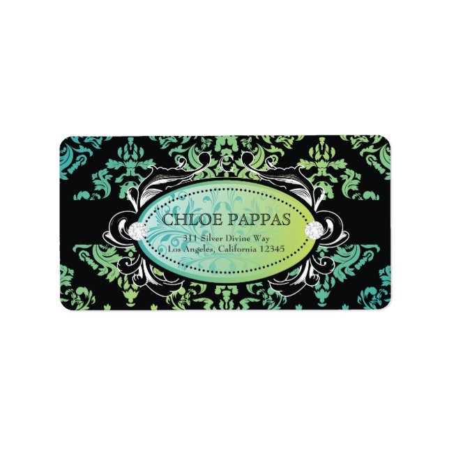 311-Luxuriously Turquiose Lime Damask Label (Front)