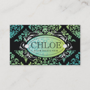 311-Luxuriously Turquoise n Lime Damask Monogram Business Card
