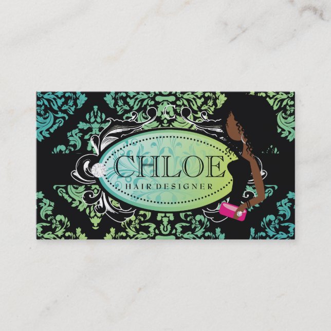 311-Luxuriously Turquoise n Lime Damask Monogram Business Card (Front)