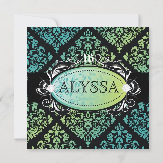 311-Luxuriously Turquoise n' Lime Damask Sweet 16 Invitation (Front)