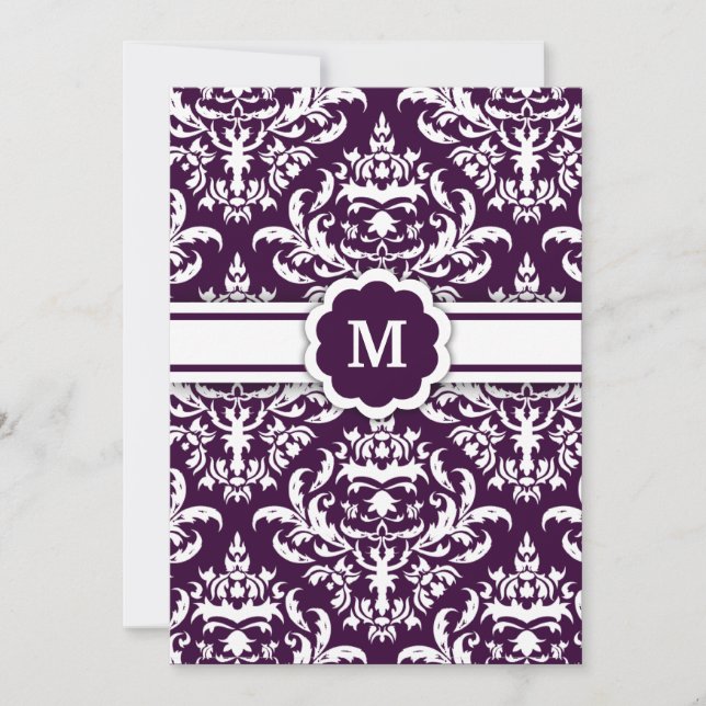 311-Marissa Monogram Damask Eggplant Invitation (Front)