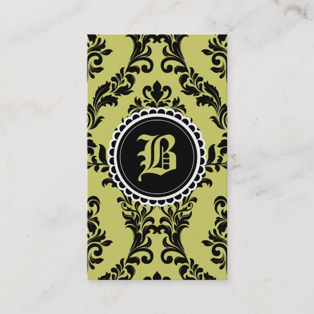 311 Moss Green Black Damask Monogram Flower Business Card (Front)