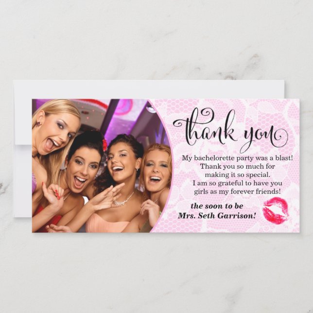 311 Pink White Lace Bachelorette Party Thank You Card (Front)