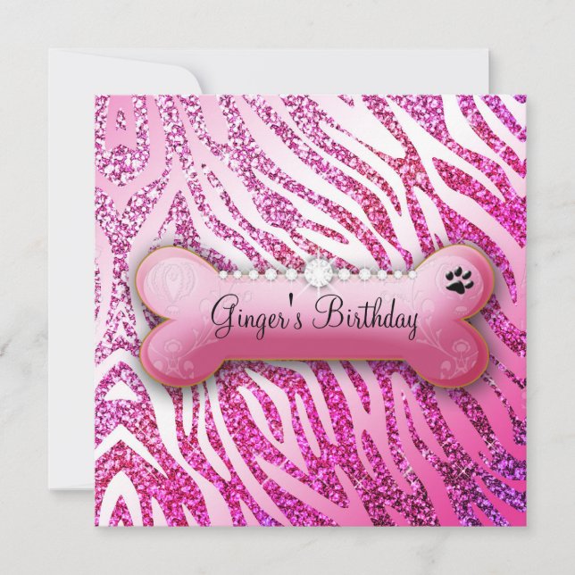 311 Posh Pooch Birthday Invite Glitter Zebra (Front)