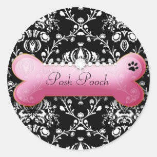 311-Posh Pooch Damask Shimmer   Pitch Bark Classic Round Sticker