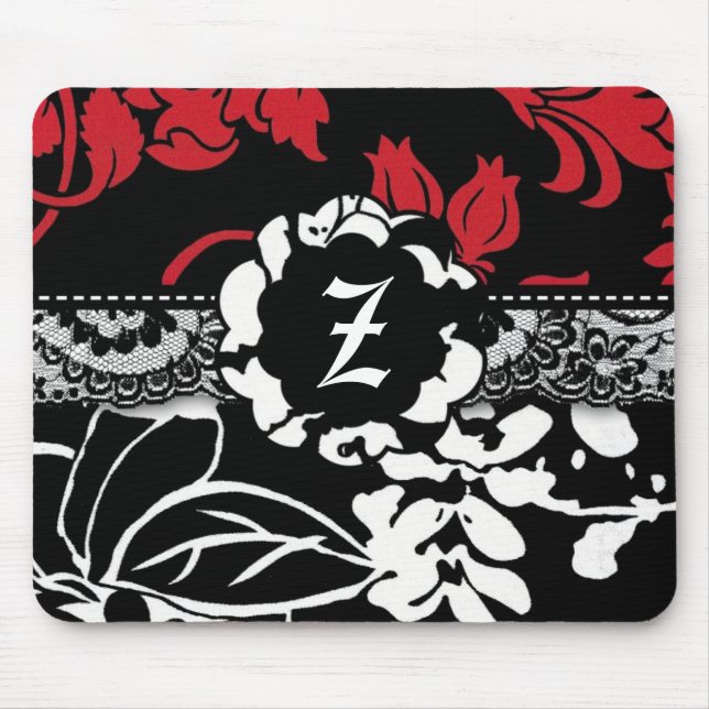 311-RED BLACK FLORAL MONOGRAM MOUSE PAD (Front)