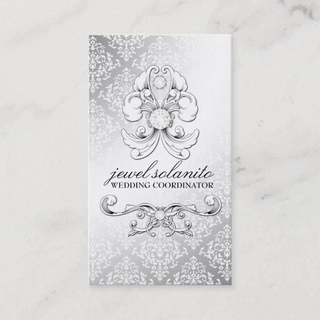 311-Silver Diamond Luxe Damask Business Card (Front)
