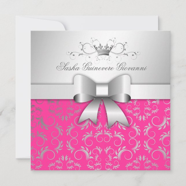 311-Silver Divine Bow | Hot Pink Sweet 16 Invitation (Front)