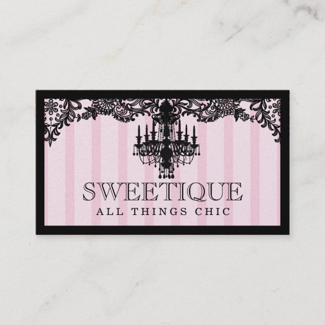 311 Sweetique Pink Stripes & Lace Chandelier Business Card (Front)