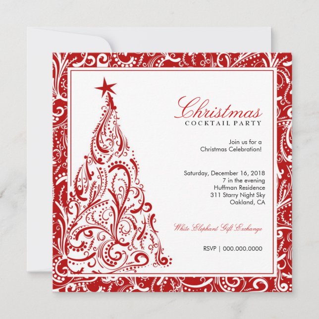 311-Swirly Colourful Christmas Tree | Red Invitation (Front)