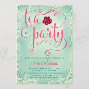 311 Tea Party Vintage Teal Pink Lace Invitation