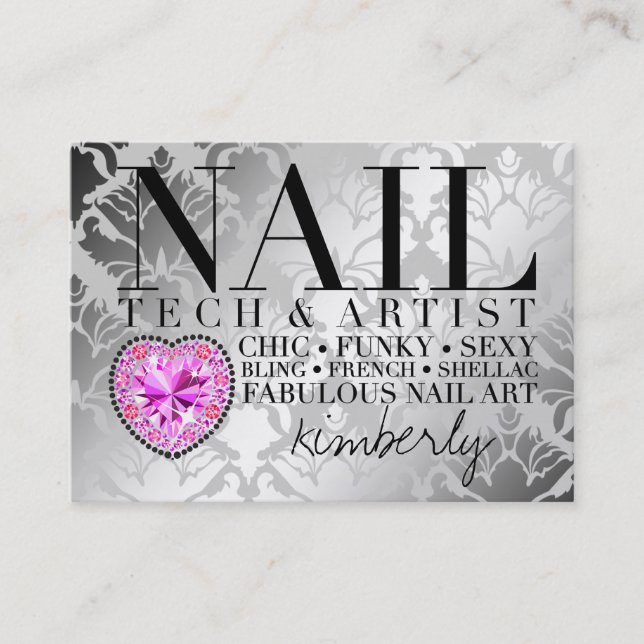 311 Tres Chic Damask Nail Tech Diamond Heart Appointment Card (Front)