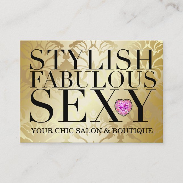 311 Tres Chic Diamond Heart Gold Damask Business Card (Front)