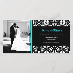 311 TURQUOISE DAMASK WEDDING PHOTO CARD