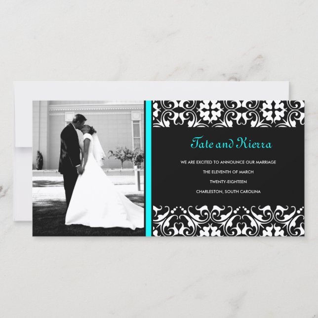 311 TURQUOISE DAMASK WEDDING PHOTO CARD (Front)