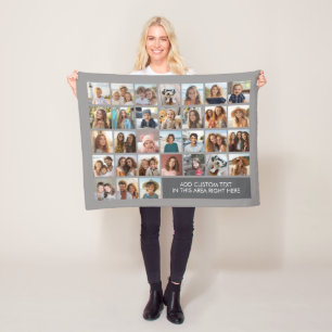 31 Photo Collage Grid - Text box - grey Fleece Blanket
