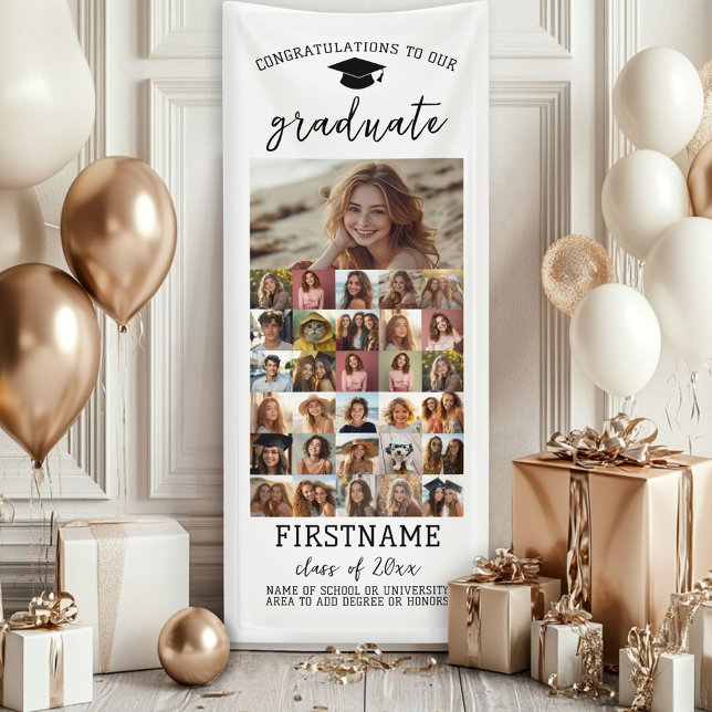 31 Photo - Graduation Modern Minimal White Banner (Custom Graduation Banner - Great for a backdrop or Grad Party Decoration)