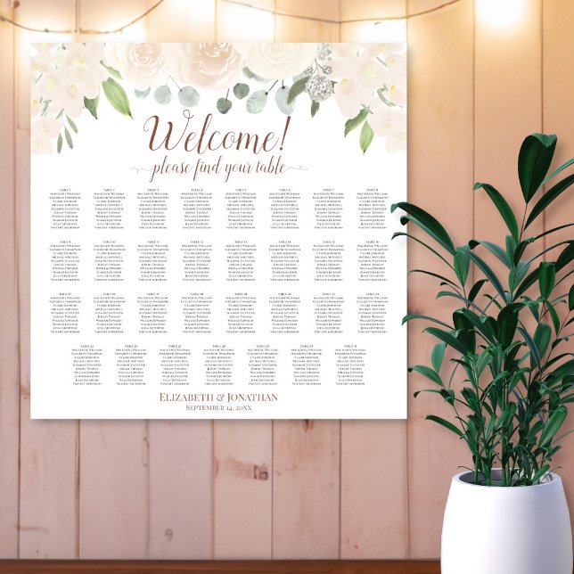 31 Table Pale Peach Roses Wedding Seating Chart (In Situ on Wall)