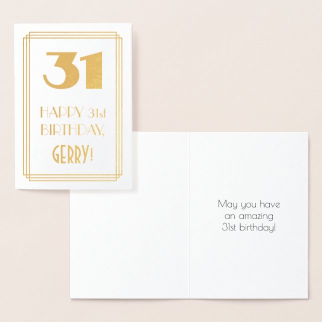 31st Birthday: Art Deco Inspired Look "31" & Name Foil Card (Display)