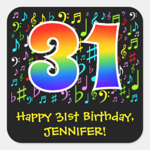 31st Birthday: Colorful Music Symbols, Rainbow 31 Square Sticker