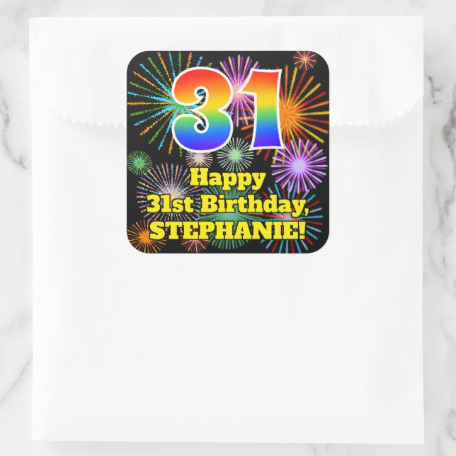 31st Birthday: Fun Fireworks Look, Rainbow # 31 Square Sticker (Bag)