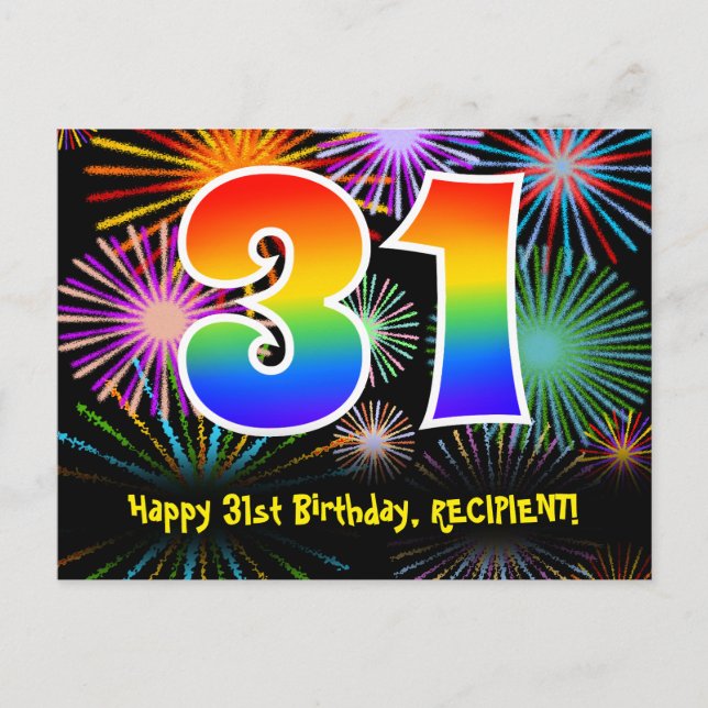 31st Birthday – Fun Fireworks Pattern + Rainbow 31 Postcard (Front)