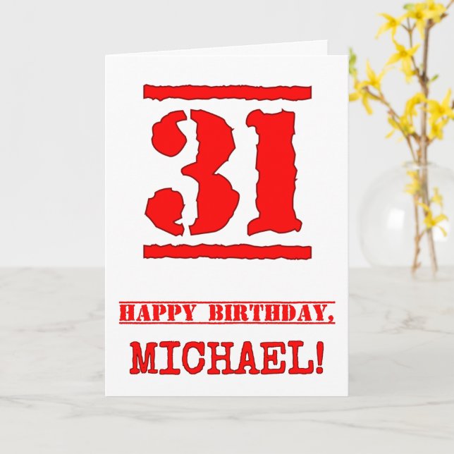31st Birthday: Fun, Red Rubber Stamp Inspired Look Card (Yellow Flower)
