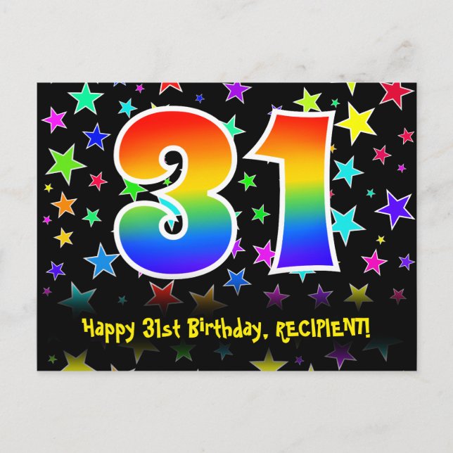 31st Birthday: Fun Stars Pattern, Rainbow 31, Name Postcard (Front)