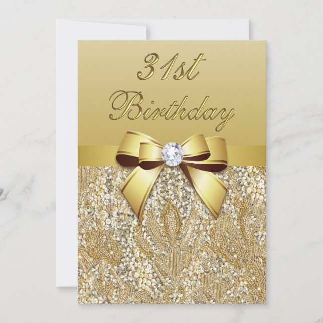 31st Birthday Gold Faux Sequins and Bow Invitation (Front)