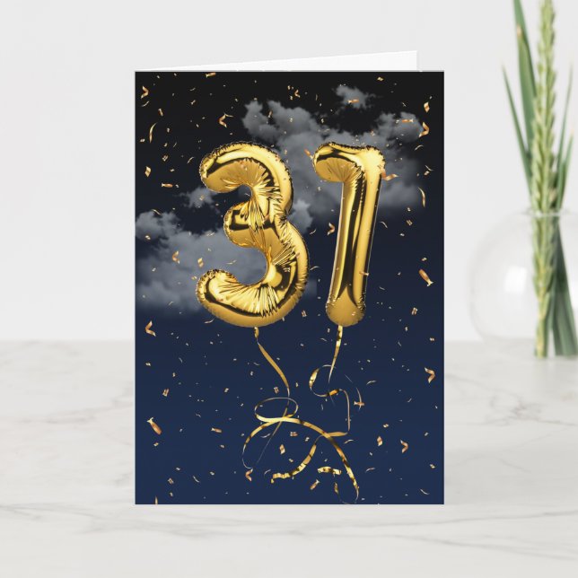 31st Birthday Gold Mylar Balloon and Confetti Card (Front)