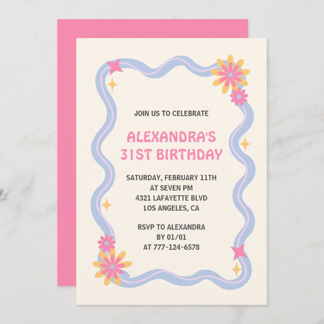 31st birthday invitation Retro Groovy Pink Flowers (Front/Back)
