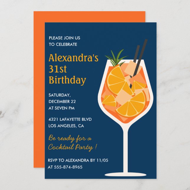 31st birthday invitations Cocktail Elegant Navy (Front/Back)