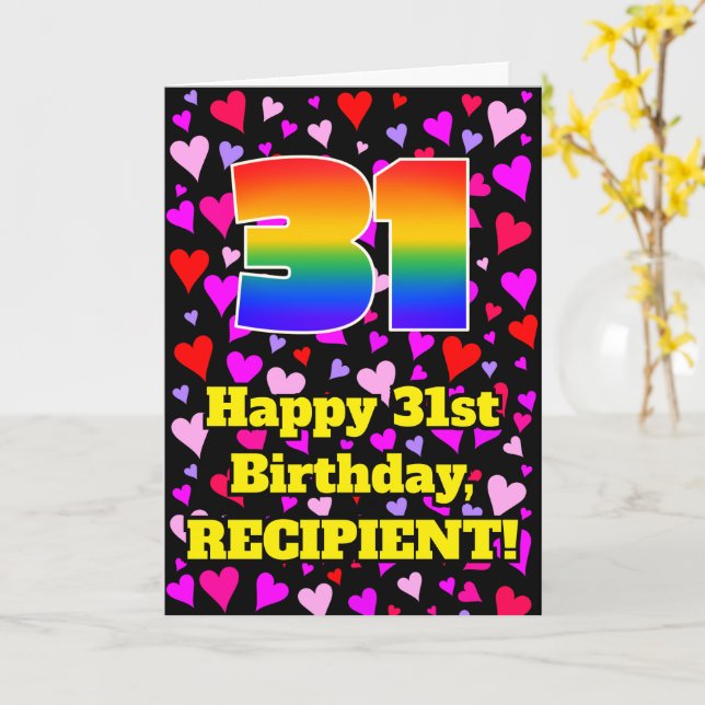 31st Birthday: Loving Hearts Pattern, Rainbow # 31 Card (Yellow Flower)