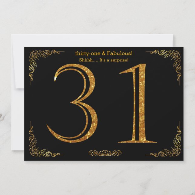 31st Birthday party,Gatsby styl,black gold glitter Invitation (Front)