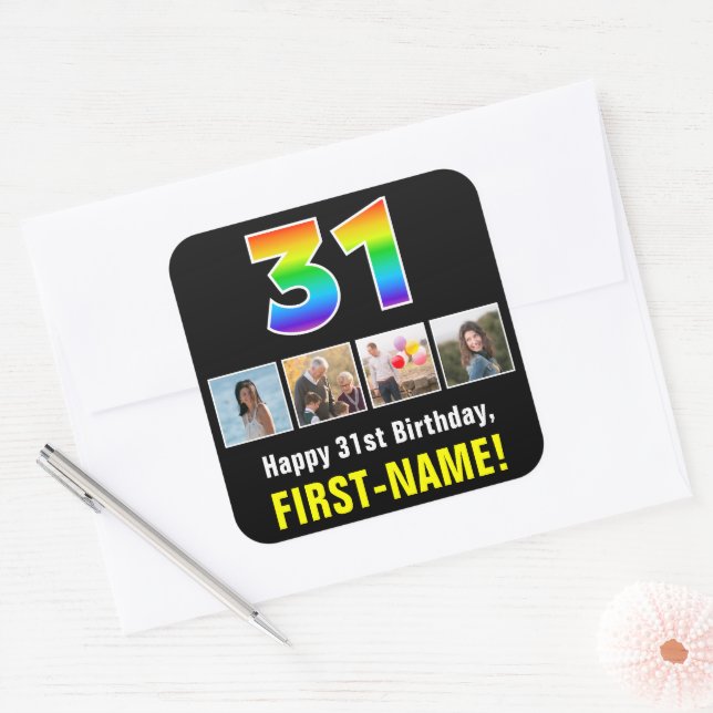 31st Birthday: Rainbow “31”; Custom Photos & Name Square Sticker (Envelope)