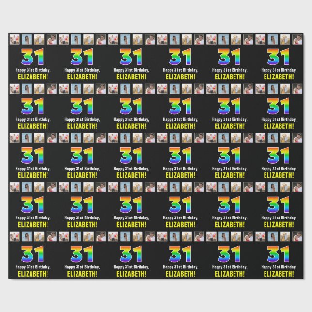 31st Birthday: Rainbow “31“; Custom Photos & Name Wrapping Paper (Seam)
