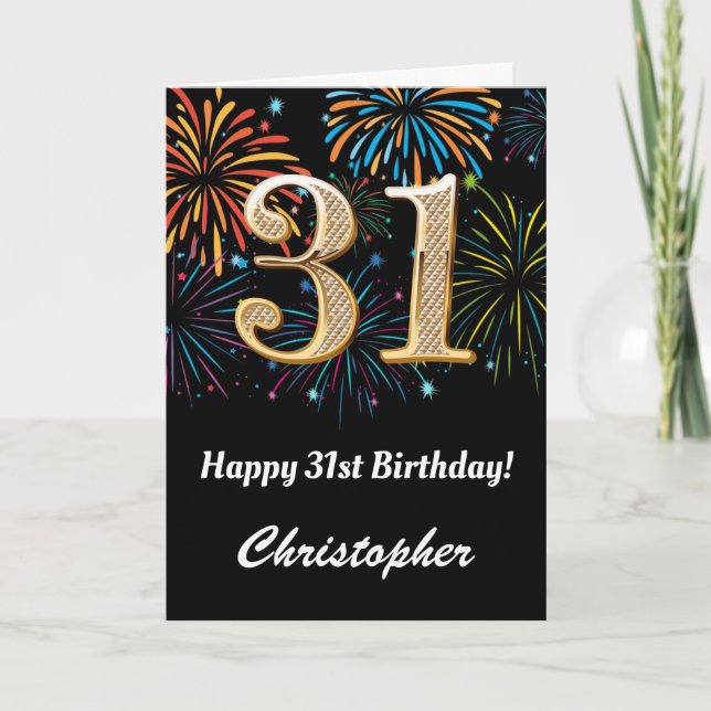 31st Birthday Rainbow Fireworks Black and Gold Card (Front)