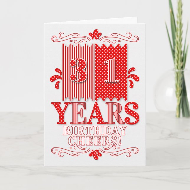 31st Birthday Red and White Polka Dots and Stripes Card (Front)