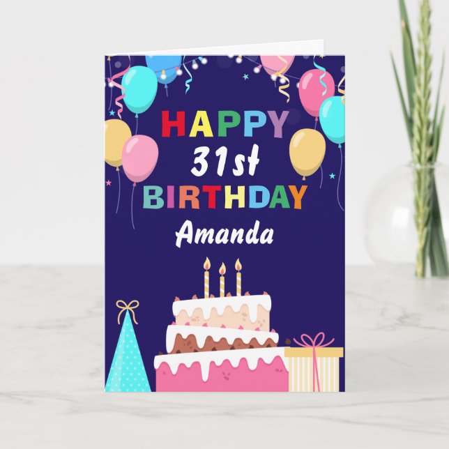 31st Happy Birthday Balloons Cake Navy Blue Card (Front)