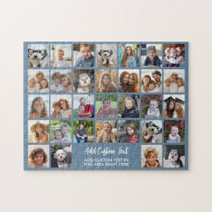 32 Photo Collage Grid - Text box - blue white Jigsaw Puzzle