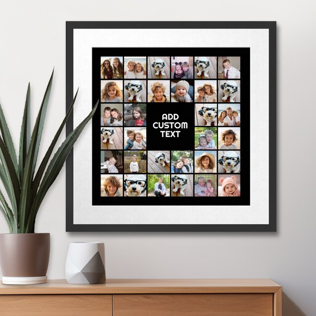 32 Photo Collage Modern Square Black - White Text Poster (Custom Poster with Photo Collage)