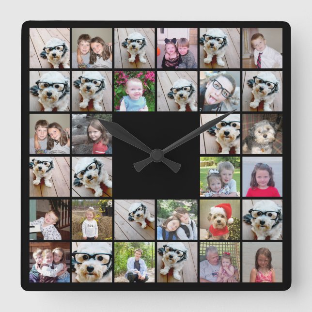 32 Photo Collage Modern Square Layout Black Square Wall Clock (Front)