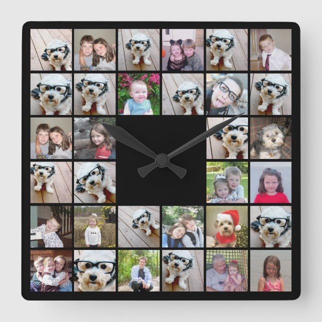 32 Photo Collage Modern Square Layout Black Wall Clock (Front)
