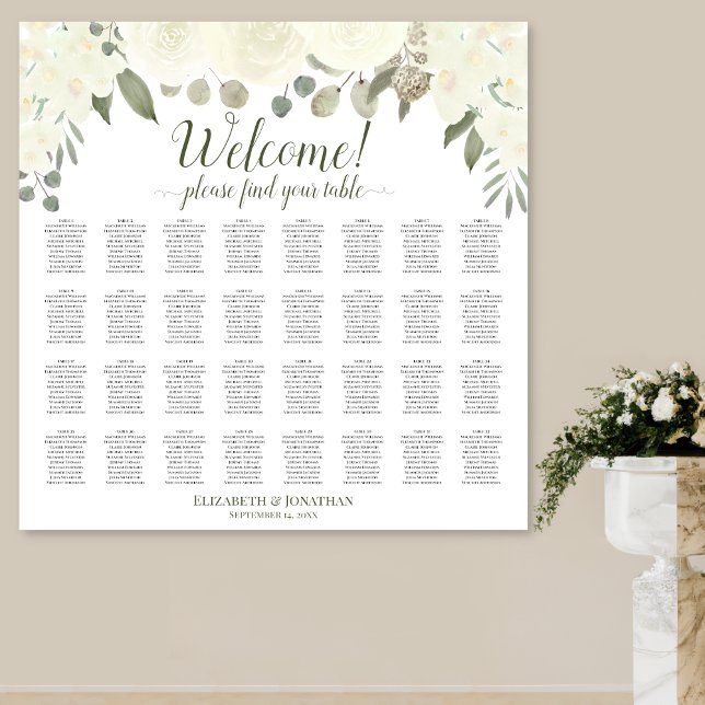 32 Table Ivory White Roses Wedding Seating Chart (In Situ on Wall)