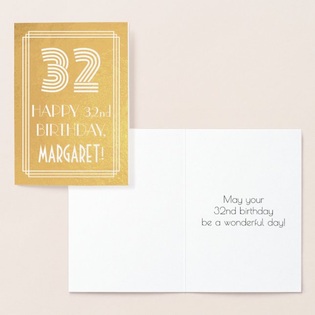 32nd Birthday – Art Deco Inspired Look "32" + Name Foil Card (Display)