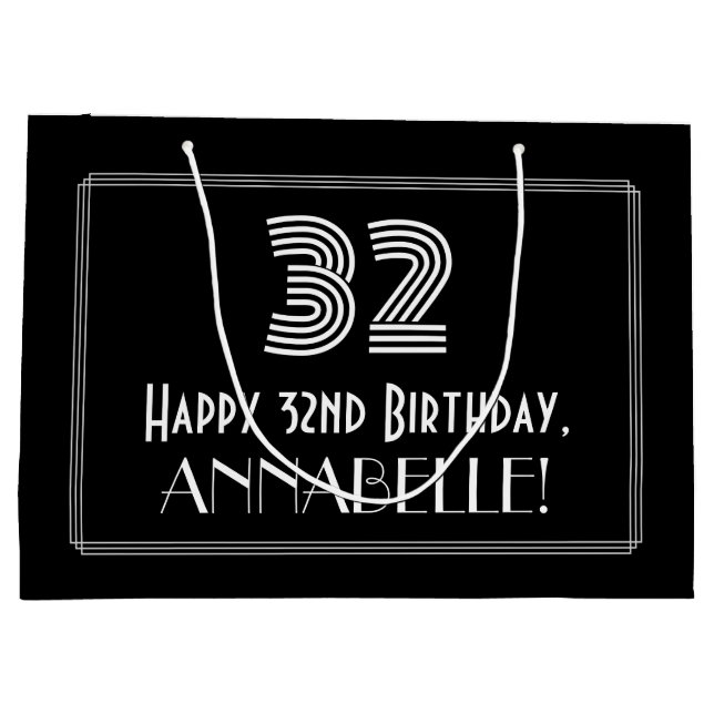 32nd Birthday — Art Deco Inspired Look "32" & Name Large Gift Bag (Back)