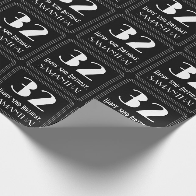 32nd Birthday - Art Deco Inspired Look "32", Name Wrapping Paper (Corner)